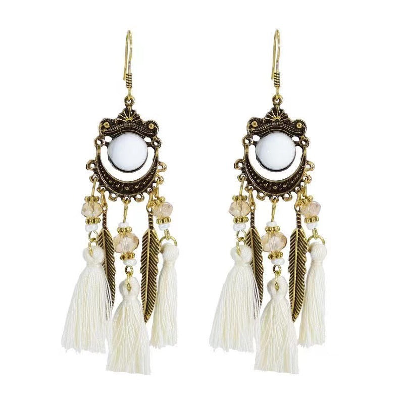 Wholesale White Feather Tassel Long Vintage Earrings